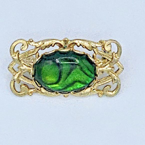 Vintage Paua Shell Brooch Green Lucite Art Deco Scroll Frame Estate Jewelry Pin - Picture 6 of 9